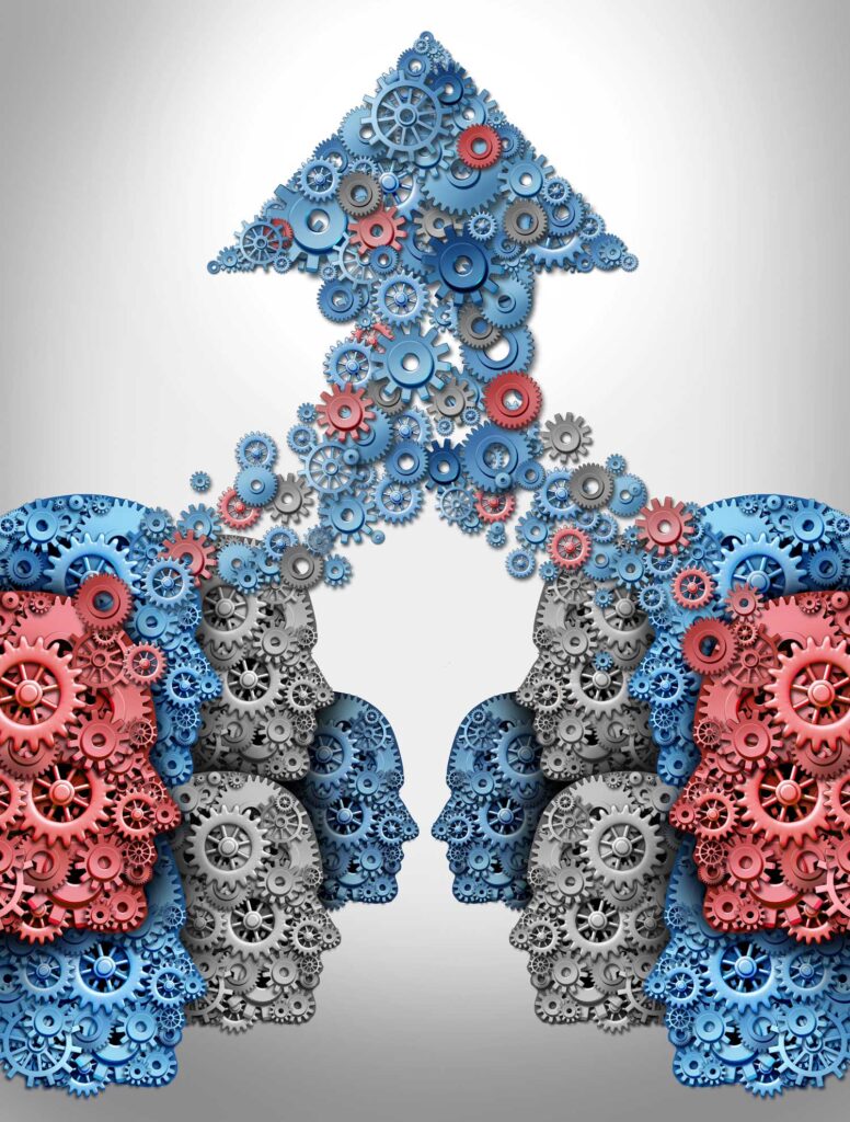 Conceptual image of two profiles facing each other, made of interconnected gears with a central arrow pointing upwards, symbolizing effective communication and problem-solving in customer service